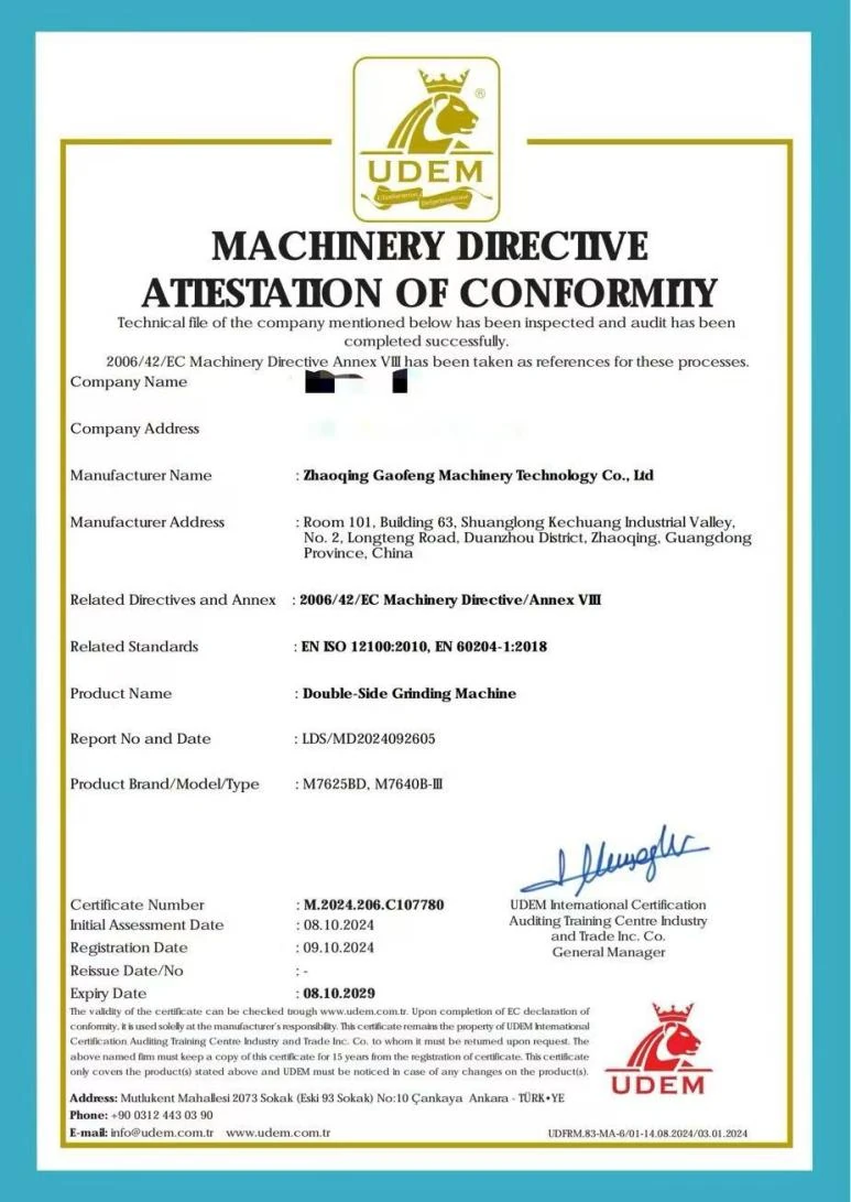 Machinery Directive attestation of conformity certificate